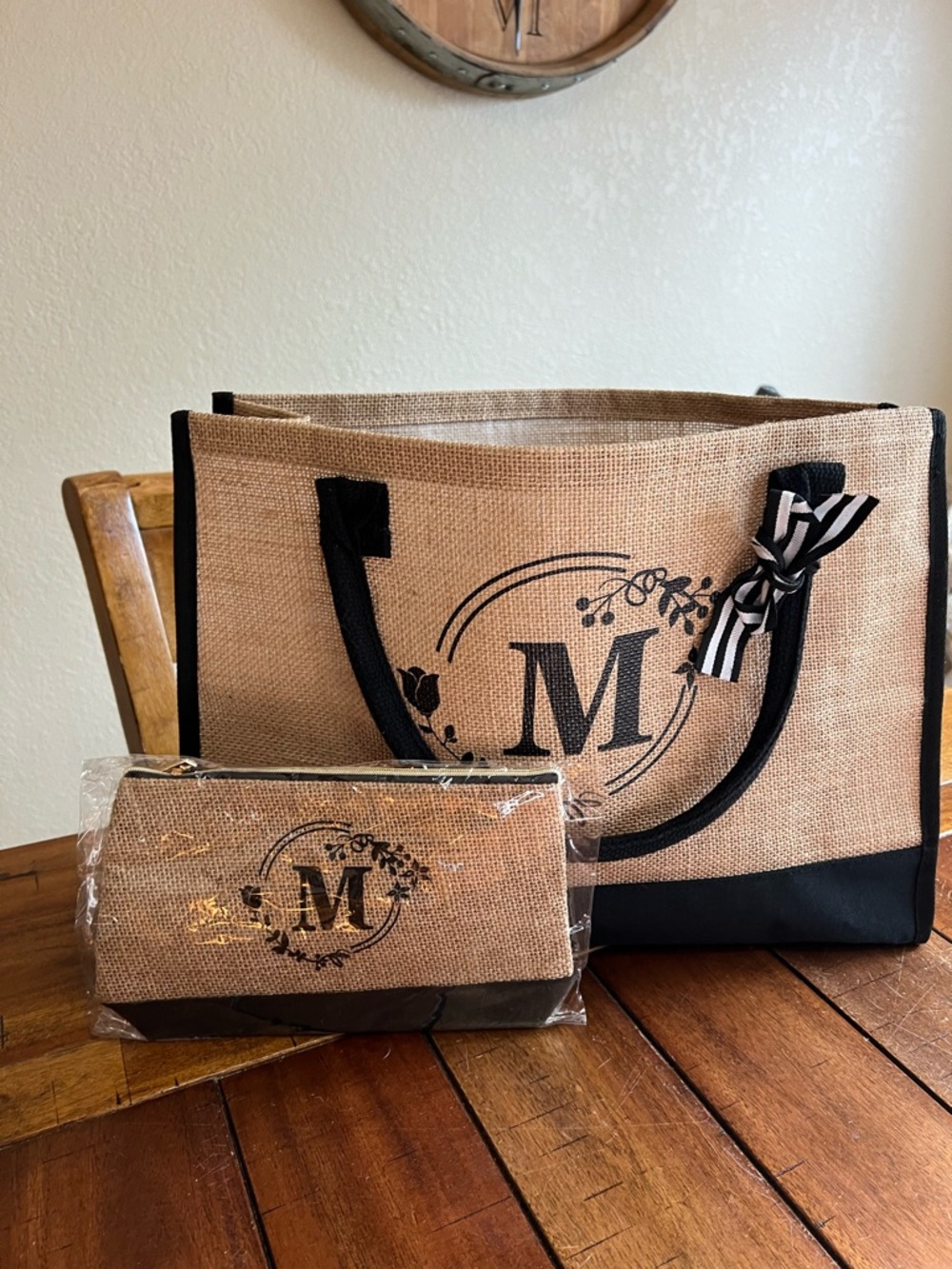 Raffia Tote Bag Tan/Black "M" Embossed with Matching Zipper Pouch NWOT